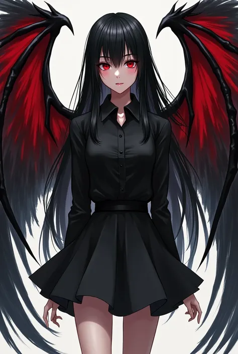 An anime-style girl, around 16 or , with long black hair, red eyes, and a sinister smile. She is wearing a black shirt and black skirt, with red and black wings, pale white skin, and black high heels. The design should emphasize her dark and supernatural p...