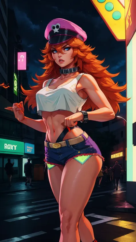 roxy,orange hair,blue eyes,long hair,white crop top,collar,short shorts, peaked cap, upper body,walking, nice shoes,looking at v...