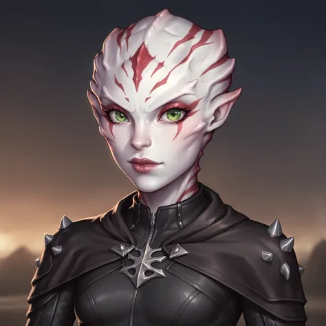 (((high quality, comics style, detailed face))), score_9, score_8_up, score_7_up, BREAK, bust shoot view, solo, 1girl, ((parshendi, alien, carapace, white skin with red marbling)), green eyes, slender, small breasts, black studded jumpsuit, cropped cloak, ...