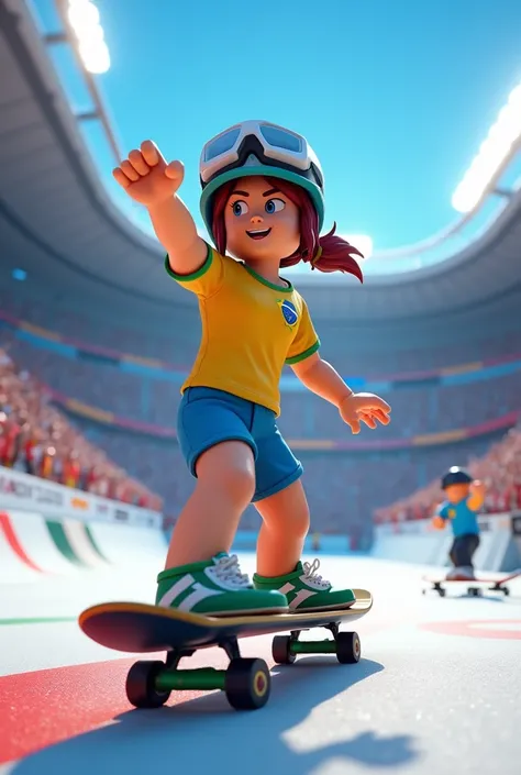 create an image of a game in roblox of the olympics. With the skateboarding modality. Represent Rayssa Leal from Brazil