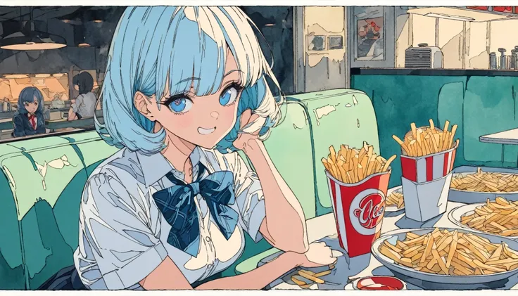 (((beautiful detailed)))(cute face:1.2)1girl, Girl smilying while eating a pile of french fries, Inside a 1950s-style diner, 1950s-style interior, Navy blue hair, blue eyes, A short-sleeved white shirt with four vertical bow ties, Ahoge, long bob cut with ...