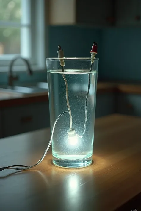 A glass of water with two cables inside the water that are connected to a light bulb and the bottom is a kitchen table 
