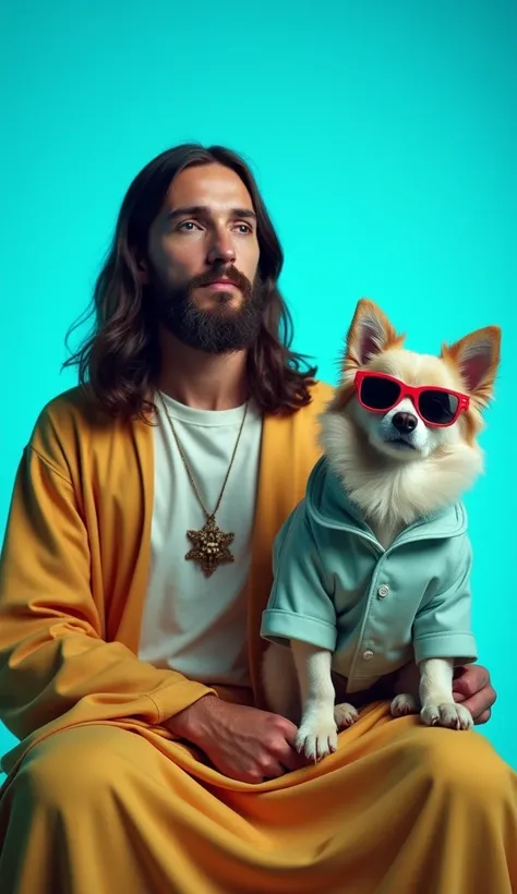 The best wallpaper for mobile phones, award winning wallpaper, portrait photography, In the front view is Jesus and a portrait of a cute dog in mid-60s space age fashion, Profile photo, taken with Canon EOS R5, establish a strong contrast that accentuates ...