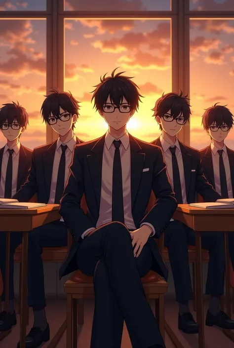 men with high school outfit, black hair, glasses, sitting in the classroom, majestic pose, sunset