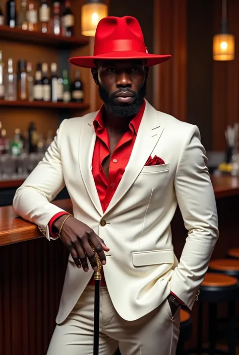 black skin man, wearing a white suit with red details, wearing a red hat, holding a cane, leaning against a counter at the bar