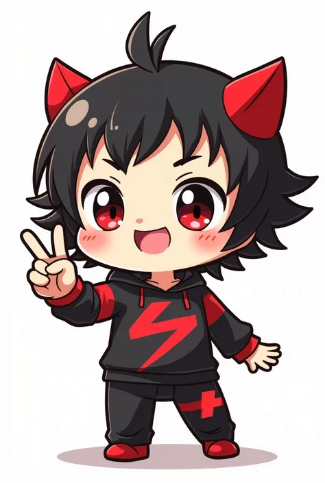 A super cute chibi-style male mascot., Black and red tones, Raise two fingers up