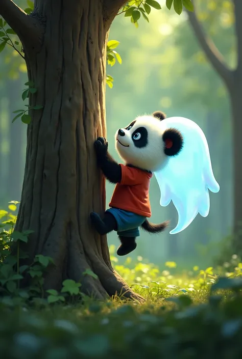 Ghost Helps Panda Climb a Tree**:
   "A Pixar-style baby panda cub, with a large fluffy mane, big blue eyes, and wearing a red t-shirt and blue shorts, is climbing a tall tree with the help of a glowing, friendly ghost. The cub looks a little nervous but d...