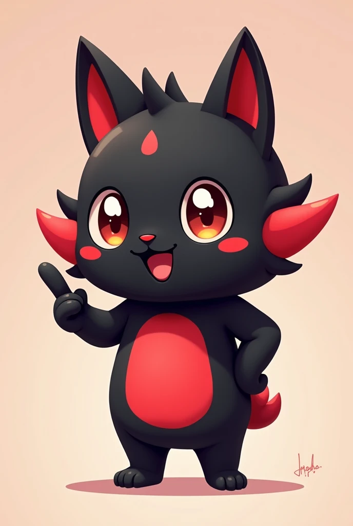 A cute chibi-style male mascot.., Black and red tones, Two fingers up,Half a body.,