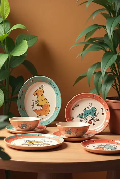 Clay plates in a corner with a cartoon design, on a table and next to it some plants 