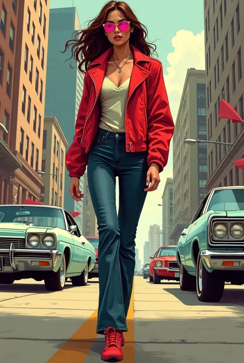 a woman in a red jacket walks down the street, artistic cover of GTA V, inspired by Mandy Jurgens, retro style and years 1 9 8 0, pretty woman with brown hair, lowriders, damn!, sexy, more, inspired by James Baynes, palette from the 7 0s, Diego Fernandez, ...