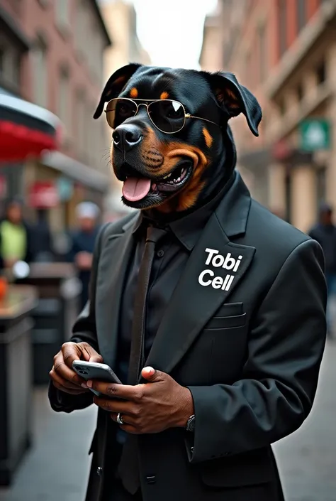 A Rottweiler dog repairing cell phones, with the Scarface costume, With a sign saying Tobi Cell