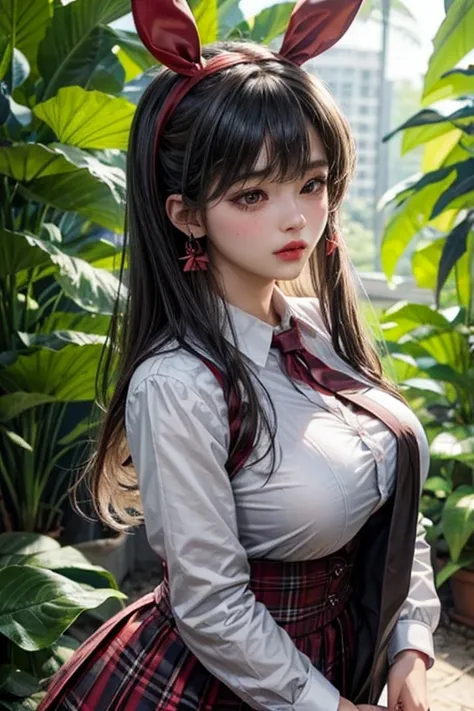 (in the dark:1.6) , big breasts , big tits , thai school girl , long skirt dark red , long plaid skirt , pleated skirt , red knot , red bow