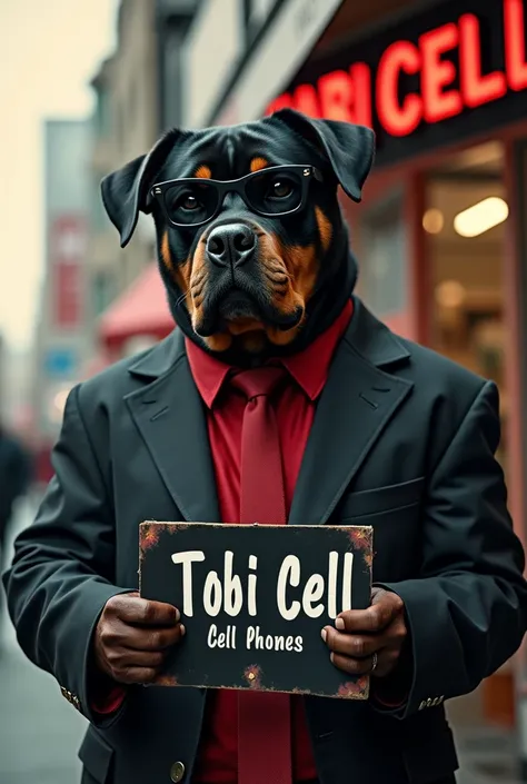 A Rottweiler dog repairing cell phones, with the Scarface costume, With a sign saying Tobi Cell