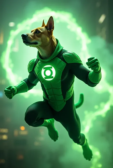 a green lantern corps member dog, intricate detailed green lantern costume, dramatic flying pose, glowing green energy constructs, futuristic sci-fi background, cinematic lighting, hyper realistic, 8k, best quality, masterpiece