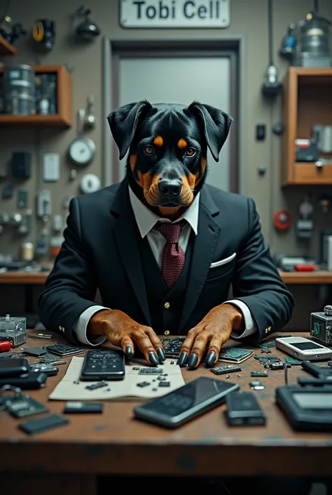 A Rottweiler dog repairing cell phones in a technical room , with the Scarface costume, With a sign saying Tobi Cell