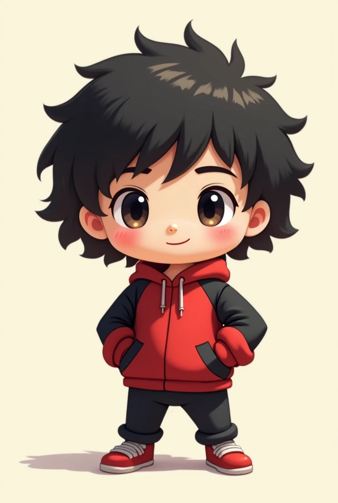 A cute chibi-style male mascot.., Black and red tones,Stand still and look straight ahead.