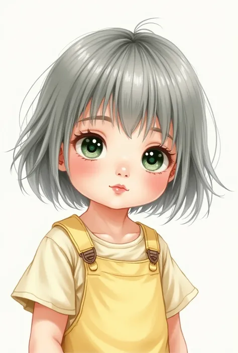 Portrait of a Beautiful, 5-6 years, grayish gray hair, short haircut, big dark green eyes, full, arched lips, light yellow jumpsuit, realism, watercolor, 4K, high detail