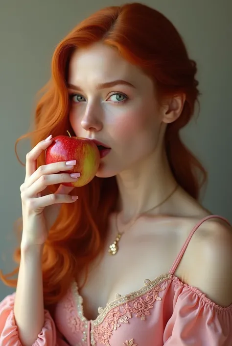 Red-haired woman, wearing a pink vintage dress with embroidery, from the front eating an apple. Super realistic and detailed.