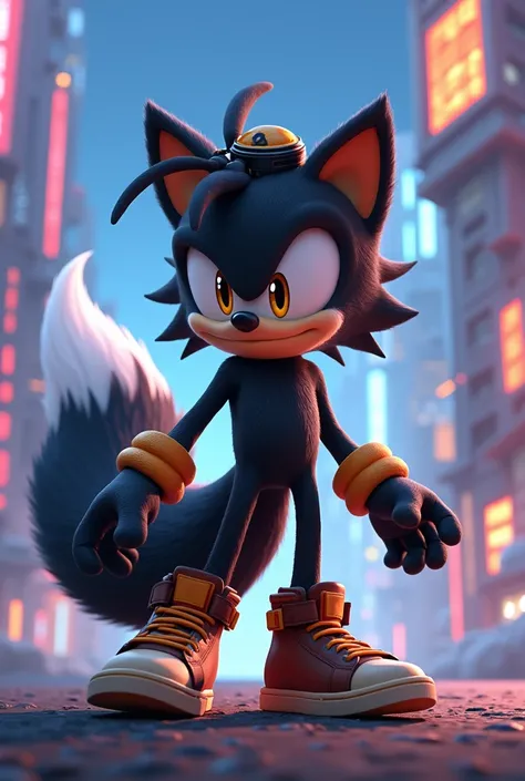 A black skunk with brown sneakers and a ki tracker that the image is in the style of Tails from the anime Sonic x 