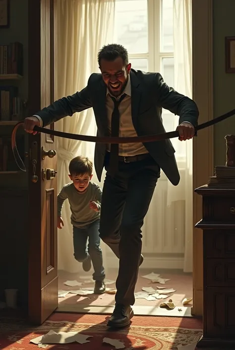 A DAD beating his son with BELT BELT  and son running outside his study room from front anddad at back