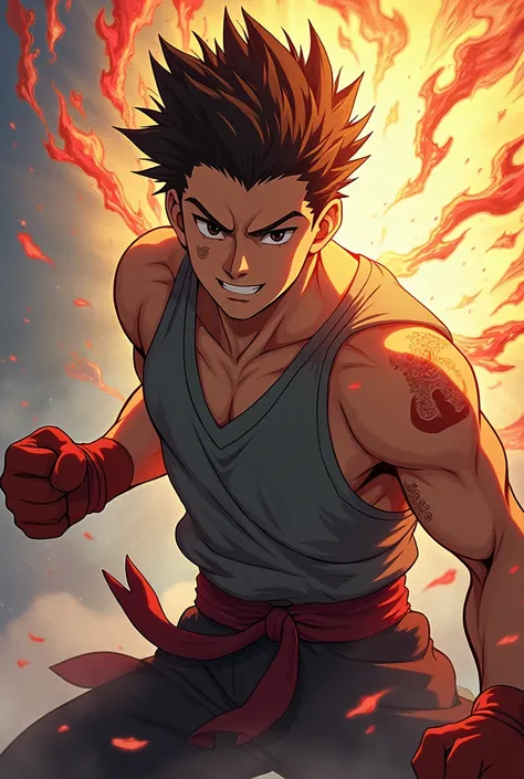 no estilo of anime jujutsu kaisen, make a strong young wizard with a sleeveless shirt with short spiky hair with the sides shaved to the right side with brown skin, he&#39;s posing like a boxer