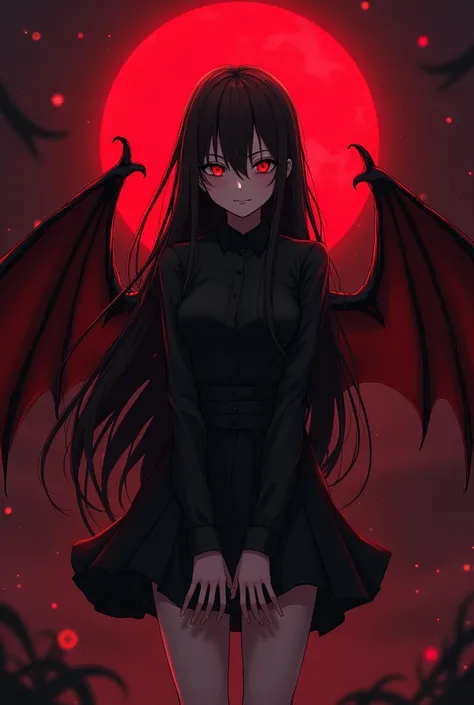 An anime-style girl, around 16 or , with long black hair, red eyes, and a sinister smile. She has black X-shaped pupils in both eyes. She is wearing a black shirt and black skirt, with red and black wings, pale white skin, and black high heels. The backgro...