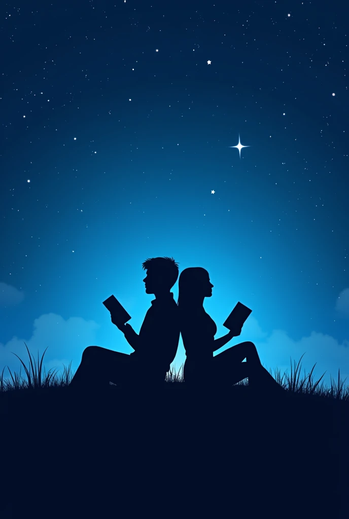 an image for a virtual book cover. The cover will have a dark blue tone around it and light blue in the center., all in a starry night sky, with two stars, one on the left and one on the right, that stand out among all the others, below, a silhouette of a ...