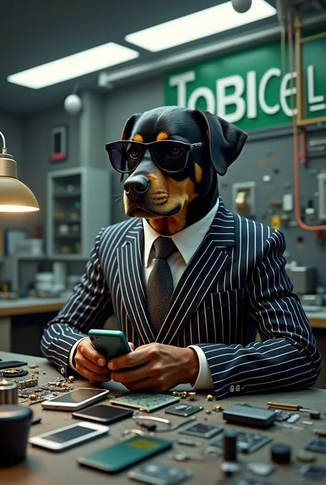 A Rottweiler dog repairing cell phones in a technical room , with the Scarface costume, With a big sign saying Tobi Cell