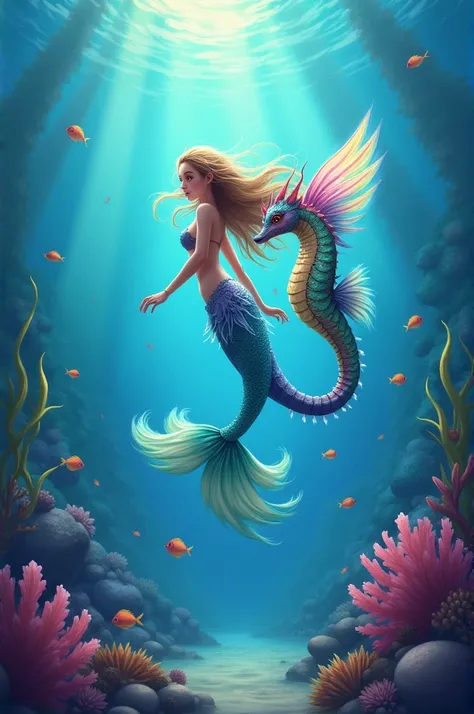 Mermaid drawing with colorful tail under the sea winged a sea horse 