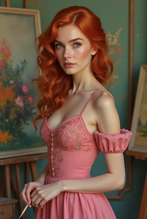 Red-haired woman, wearing a pink vintage dress with embroidery, standing in front with a paintbrush in her hand. Paints in the background. Super realistic and detailed.