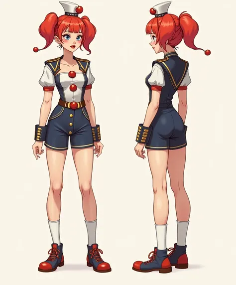 Cute Girls、Clown Makeup、Dressed like a bandman、Small breasts、Muscular、Red Hair、Character design sheet、（Three Views:front＿side＿back）、Third-class
