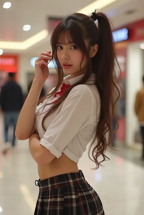 woman with a toned body, using sensual schoolgirl cosplay, visible pompis, provocative, +18, posing in a shopping mall.