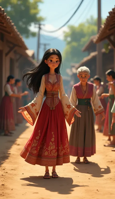 Anita, a 20-year-old woman with long black hair and deep dark eyes, is 165 cm tall with an ideal body shape, wearing a very detailed traditional dress with intricate patterns. She walks proudly on a dirt road in a village. villagers approach and ask who th...