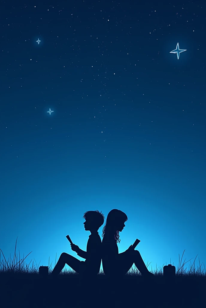 an image for a virtual book cover. The cover will have a dark blue tone around it and light blue in the center., all in a starry night sky, with two stars, one on the left and one on the right, that stand out among all the others, below, a silhouette of a ...