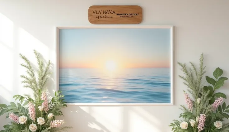 Imagine a perfectly white wall, creating a soft and elegant background. In the center there is an image that evokes the delicacy and celebration of a wedding.. 
The image could be of a natural setting in Imbituba, like a beach at dusk, with soft colors of ...