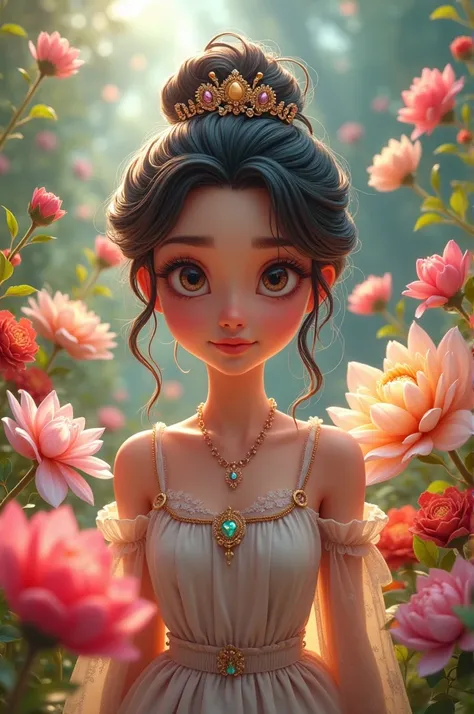 4d cartoon beautiful princess in flower garden Haiper realistic High contrast High color effect 8k Focus Detail