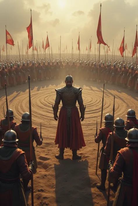 Visualize the core of the Chakravyuh formation on a battlefield. At the very center stands the commander, an imposing figure in ornate armor, with a regal helmet and a commanding stance. He is surrounded by his elite guards, each wielding spears and shield...