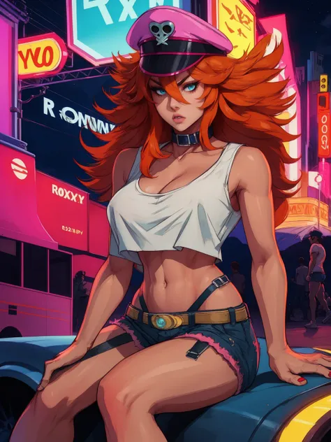 roxy,orange hair,blue eyes,long hair,white crop top,collar,short shorts, peaked cap, upper body,walking, nice shoes,looking at viewer, night,neon lights,streets, (insanely detailed, masterpiece, best quality),solo, sitting on car