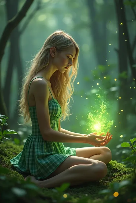 A young woman with back-length, blonde hair and green, shining eyes, sitting in a forest clearing. She makes magical plants grow. She does magic and her fingers glow light green. Glowing fireflies float around them. She wears a green with short checked ski...