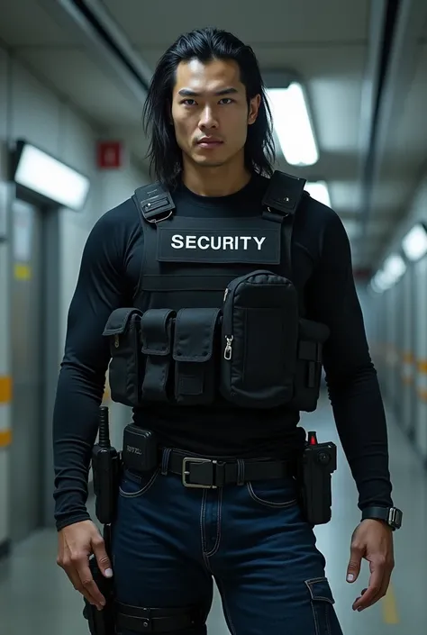 A full-length 2 Asian man is wearing a black long-sleeved shirt and a black bulletproof vest over it. His pants are dark blue jeans, His boots are black, military style., His eyes are blue and he carries a communication radio hanging on his vest and on his...