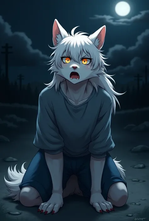 furry style, shota, Style 2d, white haired wolf, anthropomorphic, masculine, casual clothes, sitting facing forward, kneeling, sad face, sadness, night, howling, crying