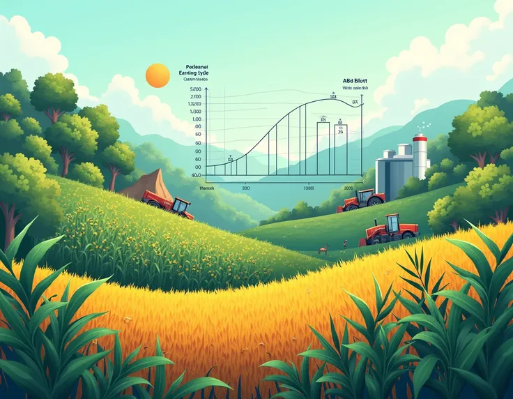 In a balanced natural environment, The concept of biomass as carbon neutral is illustrated. To the left, a field of sustainable crops, like corn and sugar cane, with vibrant green plants that absorb CO₂ from the air. in the center, a graph depicting the ca...