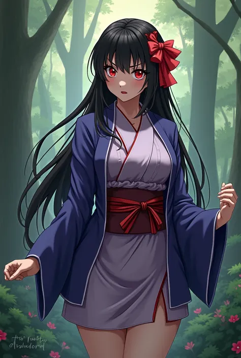 Demon Slayer character ,black straight hair ,white ,with mitsuri kanroji&#39;s uniform ,red eyes, as an accessory a red bow ,Lina&#39;s haori purple blue color ,big bust ,of a forest stage 