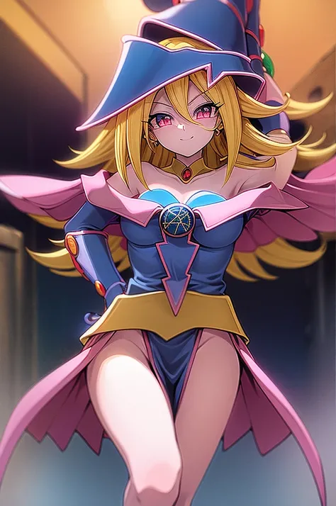 {{masterpiece, best quality, ultra detailed CG, cinematic lighting}} Character Fusion, Dark Magician Girl, Chronoa, Supreme Kai of Time, Witch Girl, potera earrings, orange and blond hair, clothing fusion, unique clothing, rod in hand, rod topped with a ge...