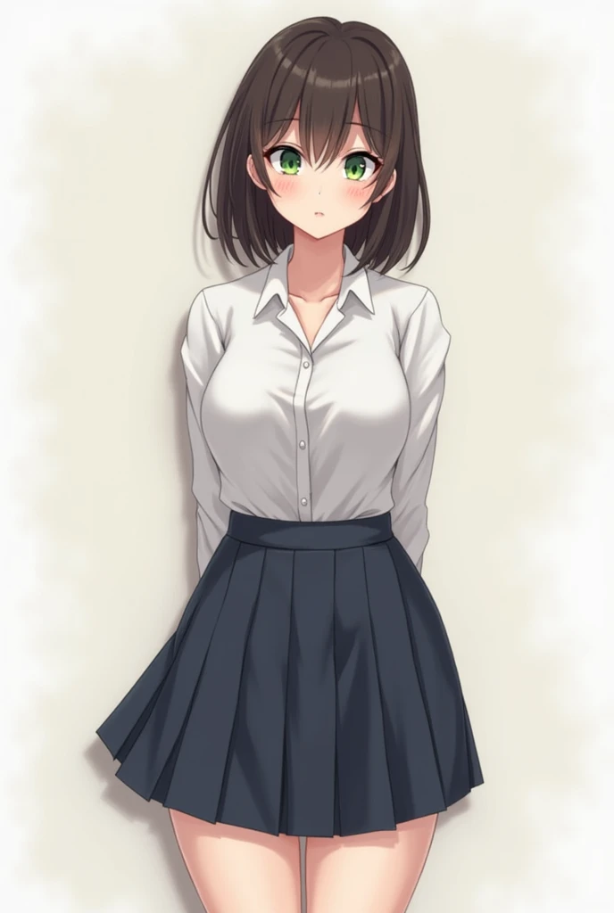 A 20-year-old brunette, green-eyed, skinny girl with slightly wide hips and legs and normal breasts in a Japanese uniform 