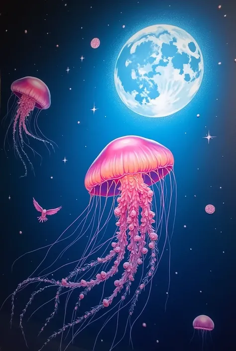 Pink jellyfish, dark sea and bright stars and moon and rays this picture painted on a wall