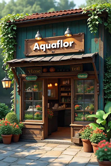 A storefront written "Aquaflor" rustic with aquariums and flowers and wood ,With ultra realism