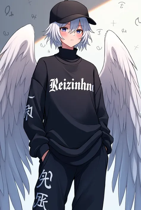 Character black turtleneck shirt with name reizinho and capital letters on the chest angelic sweatpants math free fire white hair with black cap anime theme