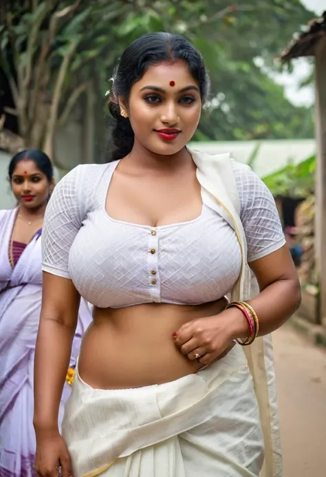 a full sized hd photograph of a voluptuous and thicc kerala mallu village woman wearing a snug fit cotton blouse, standing on th...