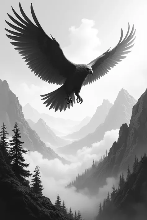 The roc rises with the wind，Soaring up to 90,000 miles（black and white landscape painting）
More detailed descriptions of scenery and Dapeng，Dapeng can be enlarged a bit，overlooking the fly，There are clouds below、mountains、spruce